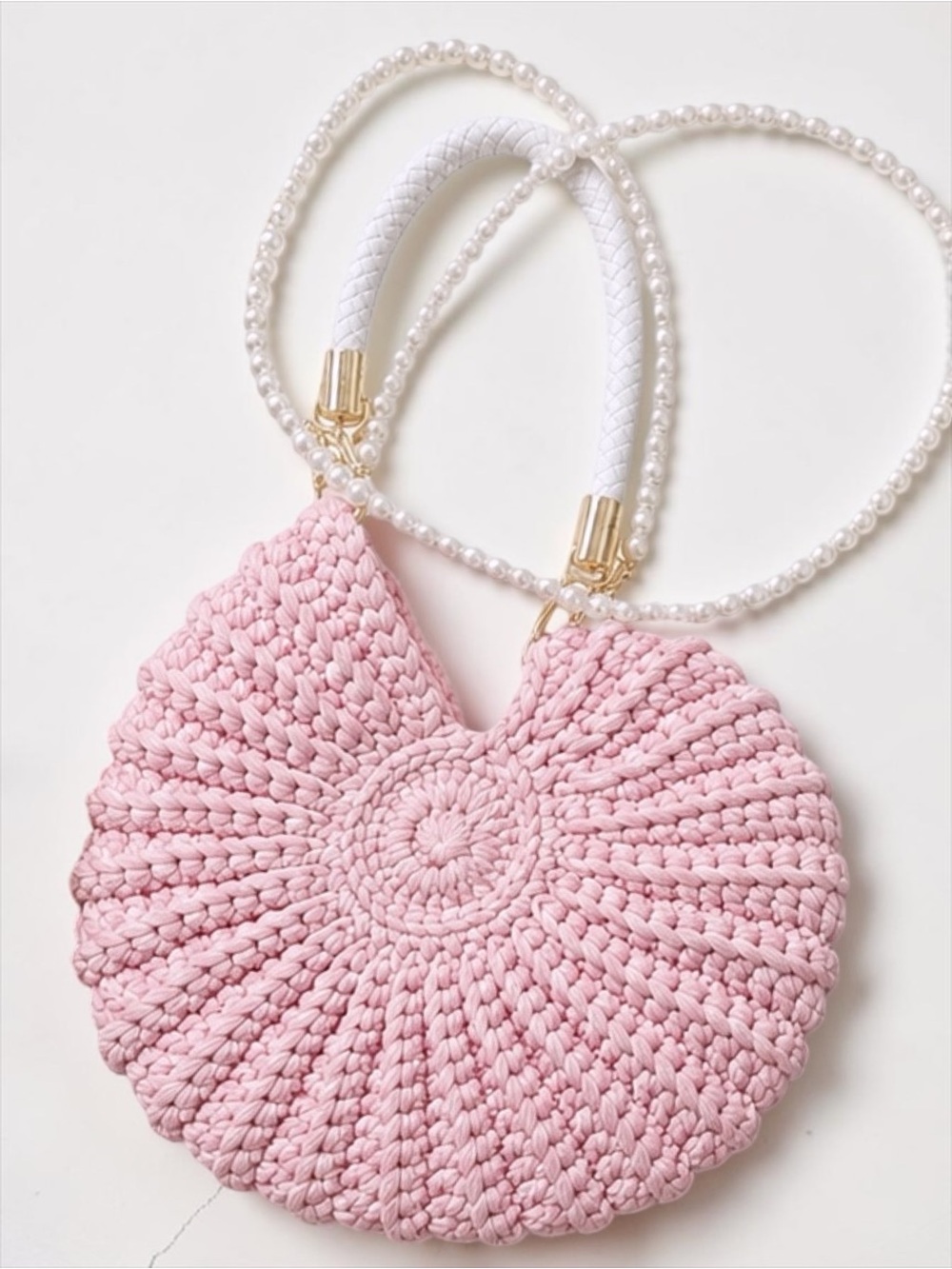 The Capri Shell Crochet Bag in Light Pink with Pearl crossbody Strap